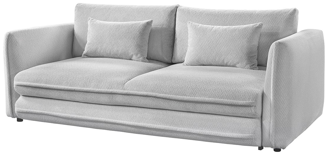 Graues Funktionssofa mit zwei Kissen, seitliche Perspektive