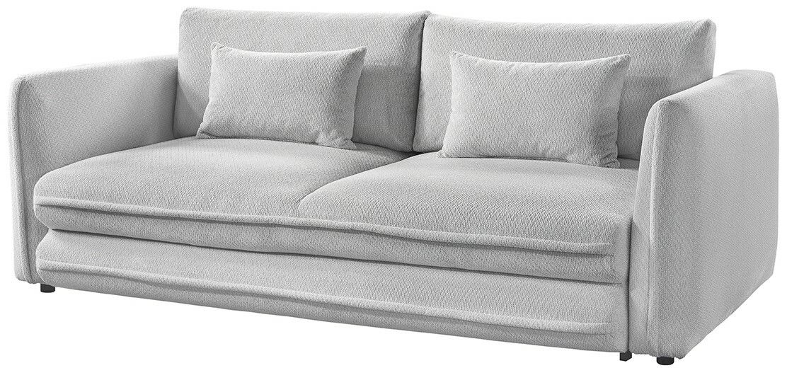 Graues Funktionssofa mit zwei Kissen, seitliche Perspektive