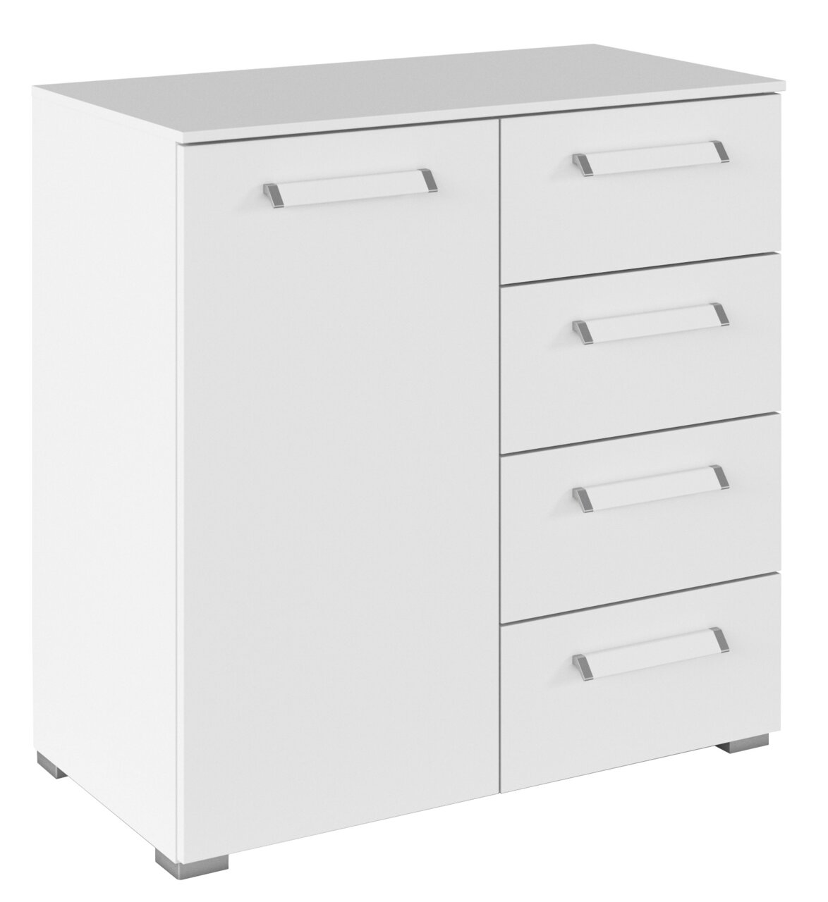 Intro Kommode RUDI Weiße Kommode mit einer Tür und vier Schubladen, seitliche Perspektive