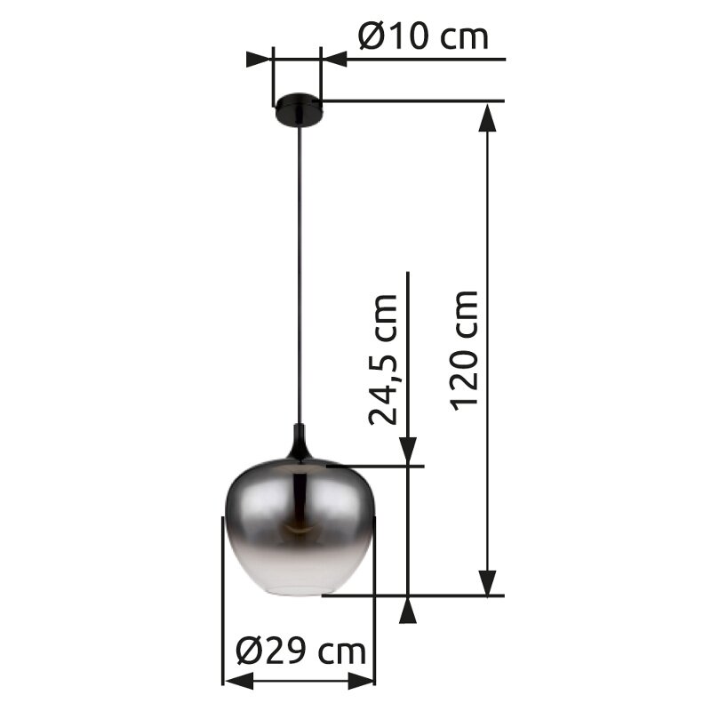 Moderne Hängeleuchte mit glänzendem, kugelförmigem Schirm, Durchmesser 29 cm, Höhe 24,5 cm, Gesamtpendellänge 120 cm, seitliche Ansicht.