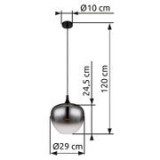Moderne Hängeleuchte mit glänzendem, kugelförmigem Schirm, Durchmesser 29 cm, Höhe 24,5 cm, Gesamtpendellänge 120 cm, seitliche Ansicht.