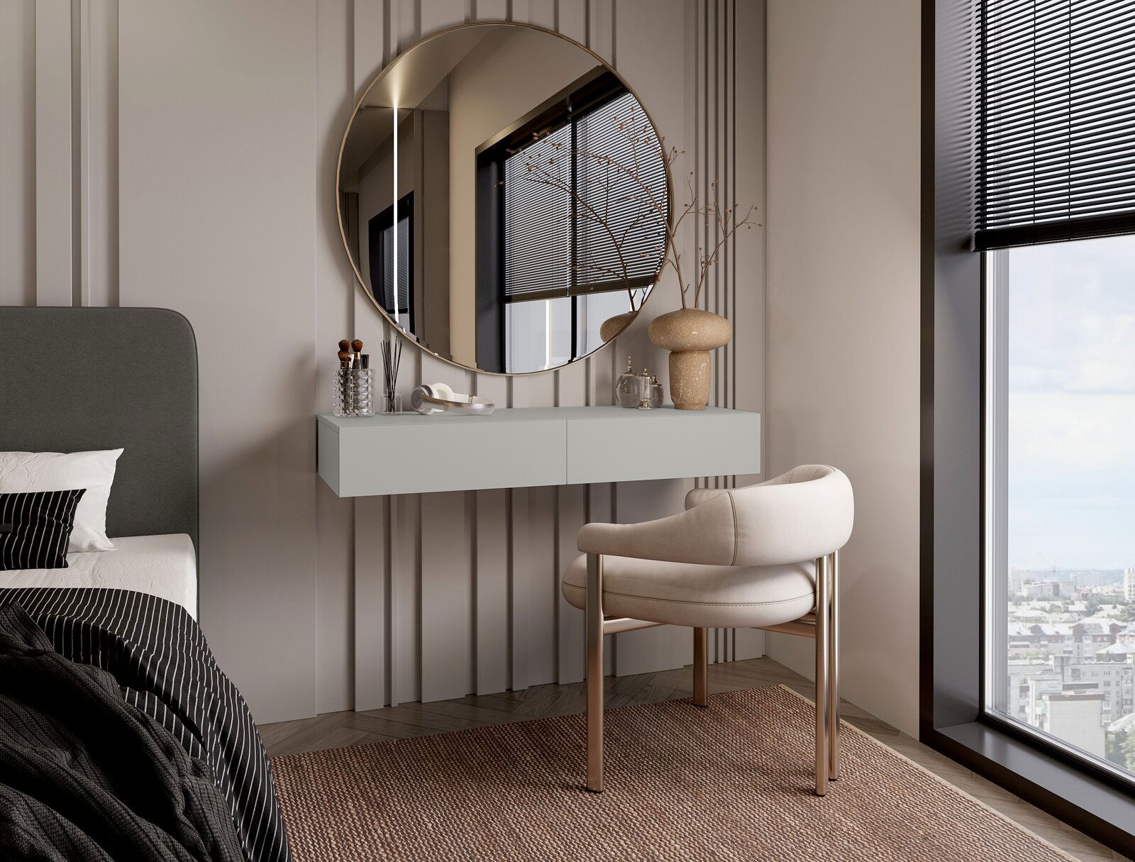 Hom´in Wandkonsole NEWNIQ Moderne Wandkonsole in einem stilvollen Schlafzimmer, mit einem runden Spiegel darüber und einem eleganten Stuhl davor, seitliche Perspektive.