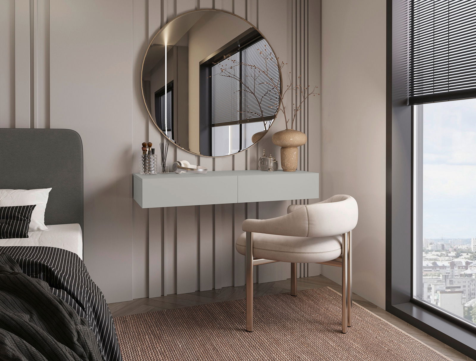 Moderne Wandkonsole in einem stilvollen Schlafzimmer, mit einem runden Spiegel darüber und einem eleganten Stuhl davor, seitliche Perspektive.