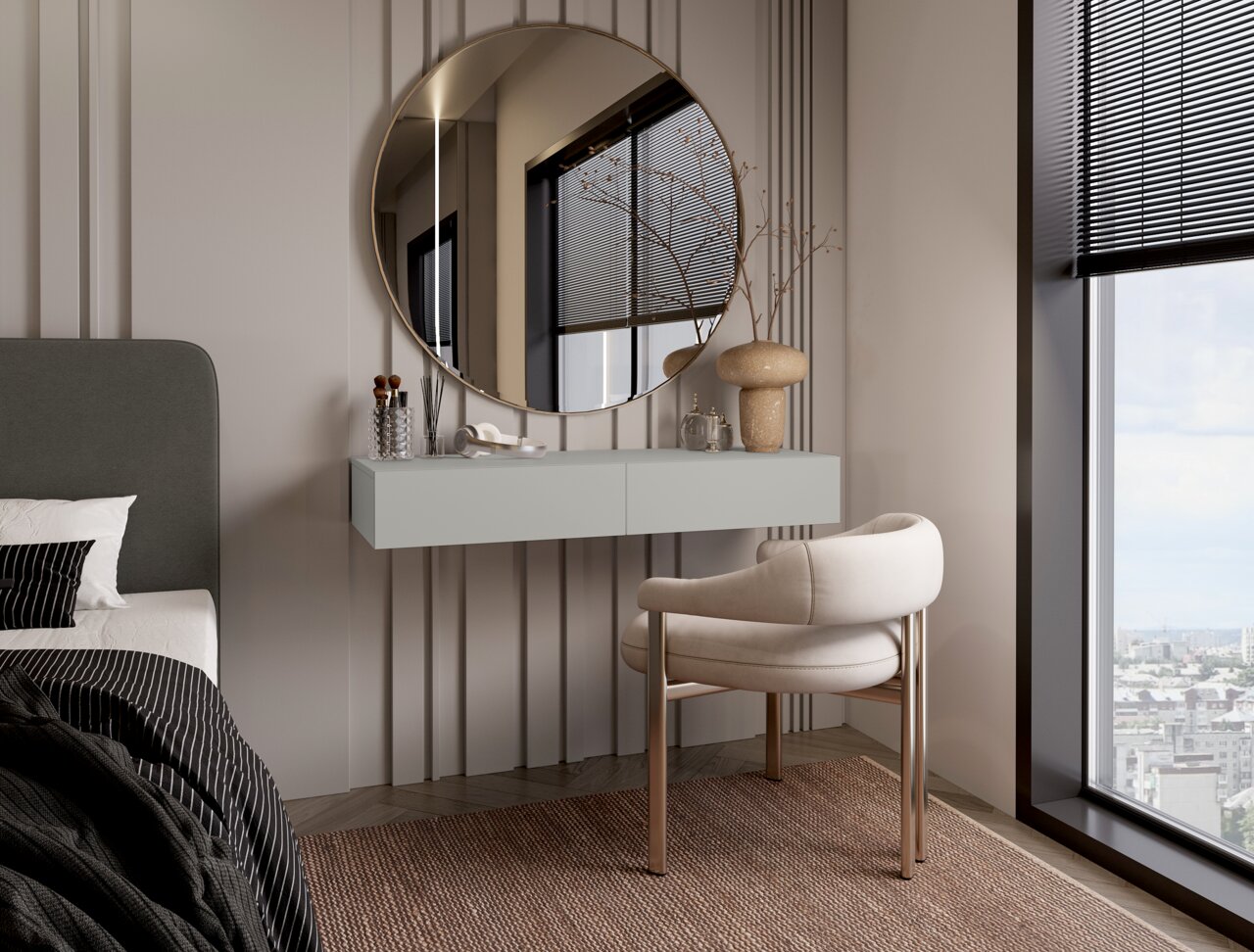 Hom´in Wandbeugel NEWNIQ Moderne wandconsole in een stijlvolle slaapkamer, met daarboven een ronde spiegel en ervoor een elegante stoel, gezien vanuit de zijkant.