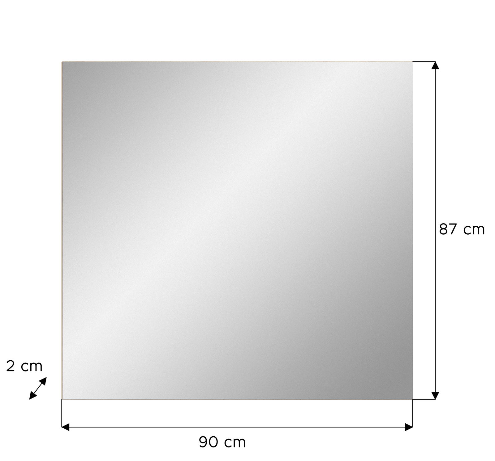 Rechteckiger Spiegel mit den Maßen 90 cm x 87 cm x 2 cm, frontal abgebildet.