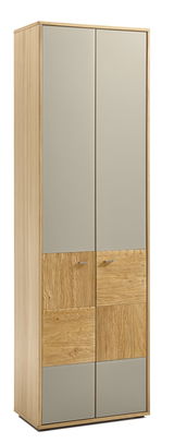 Moderner Garderobenschrank aus Holz mit grauen und holzfarbenen Paneelen, seitliche Perspektive