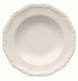 Weißer, achteckiger Teller mit floralem Randmuster, Draufsicht