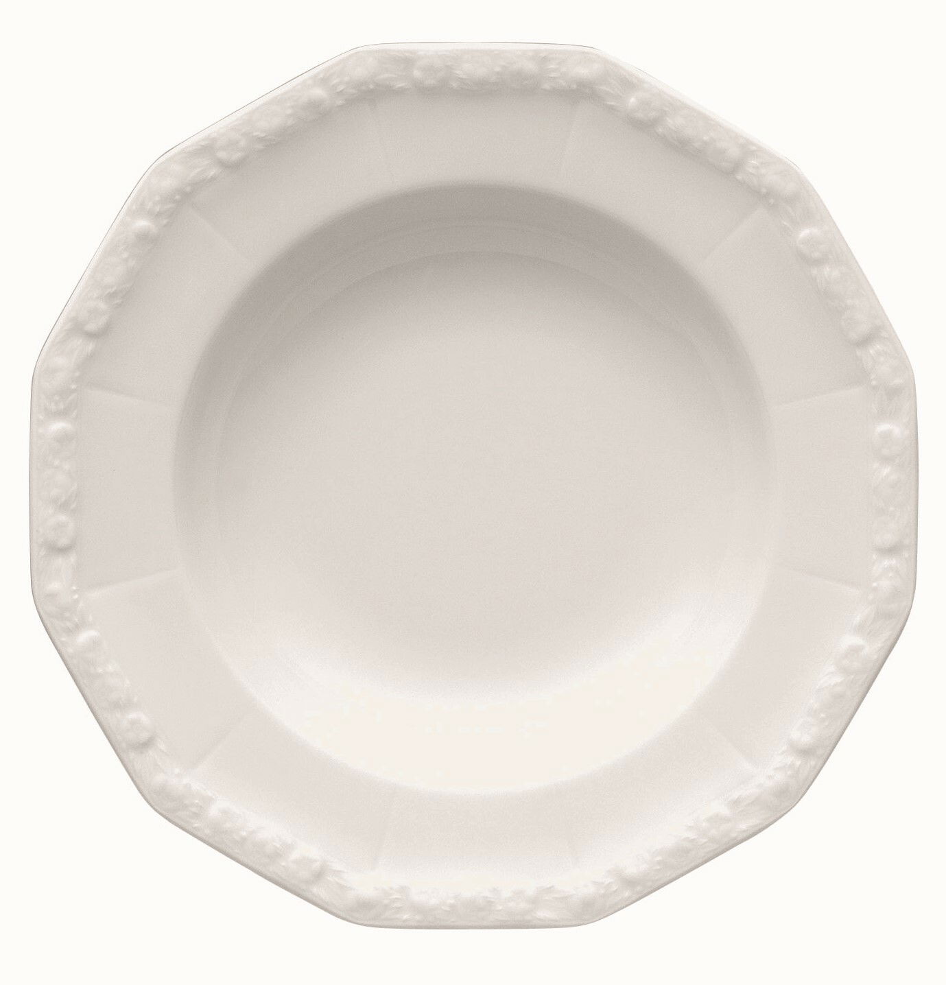 Weißer, achteckiger Teller mit floralem Randmuster, Draufsicht