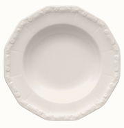 Weißer, achteckiger Teller mit floralem Randmuster, Draufsicht