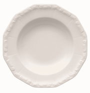 Weißer, achteckiger Teller mit floralem Randmuster, Draufsicht