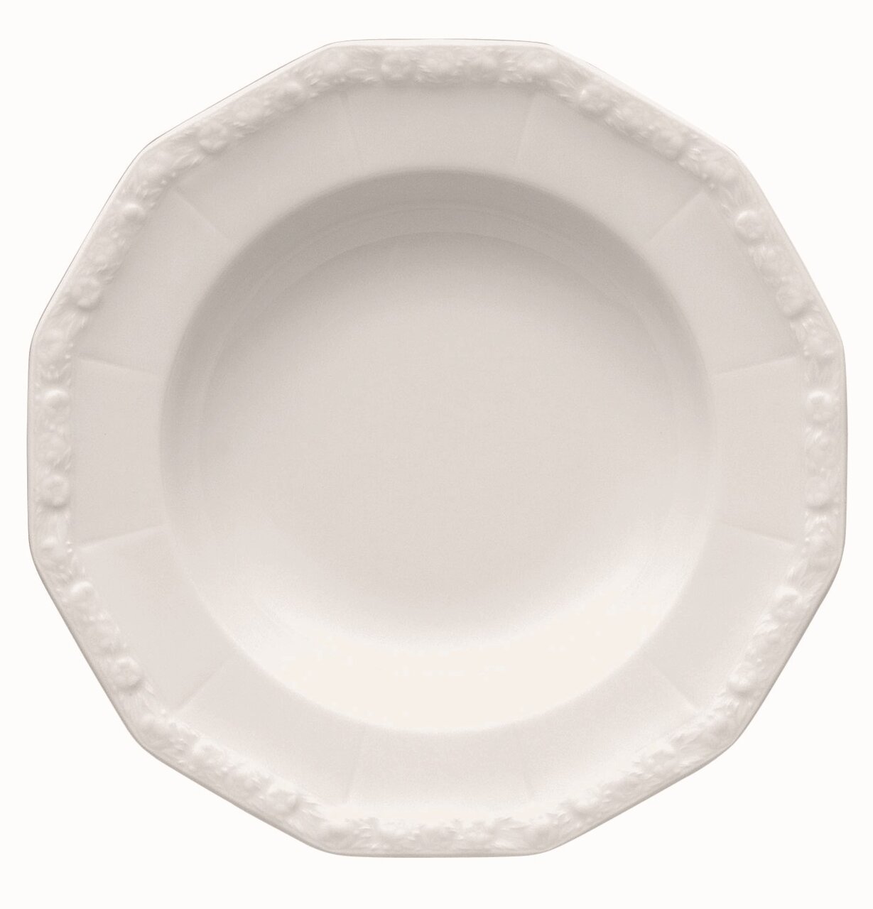 Weißer, achteckiger Teller mit floralem Randmuster, Draufsicht