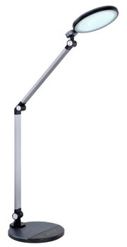 Moderne Tischleuchte mit verstellbarem Arm und rundem Leuchtkopf, seitliche Perspektive