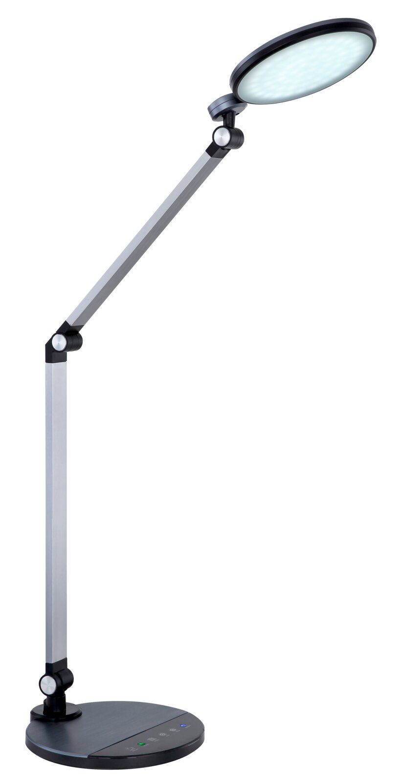 Moderne Tischleuchte mit verstellbarem Arm und rundem Leuchtkopf, seitliche Perspektive