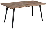 Moderner Esstisch aus Holz mit schwarzen Metallbeinen, seitliche Perspektive