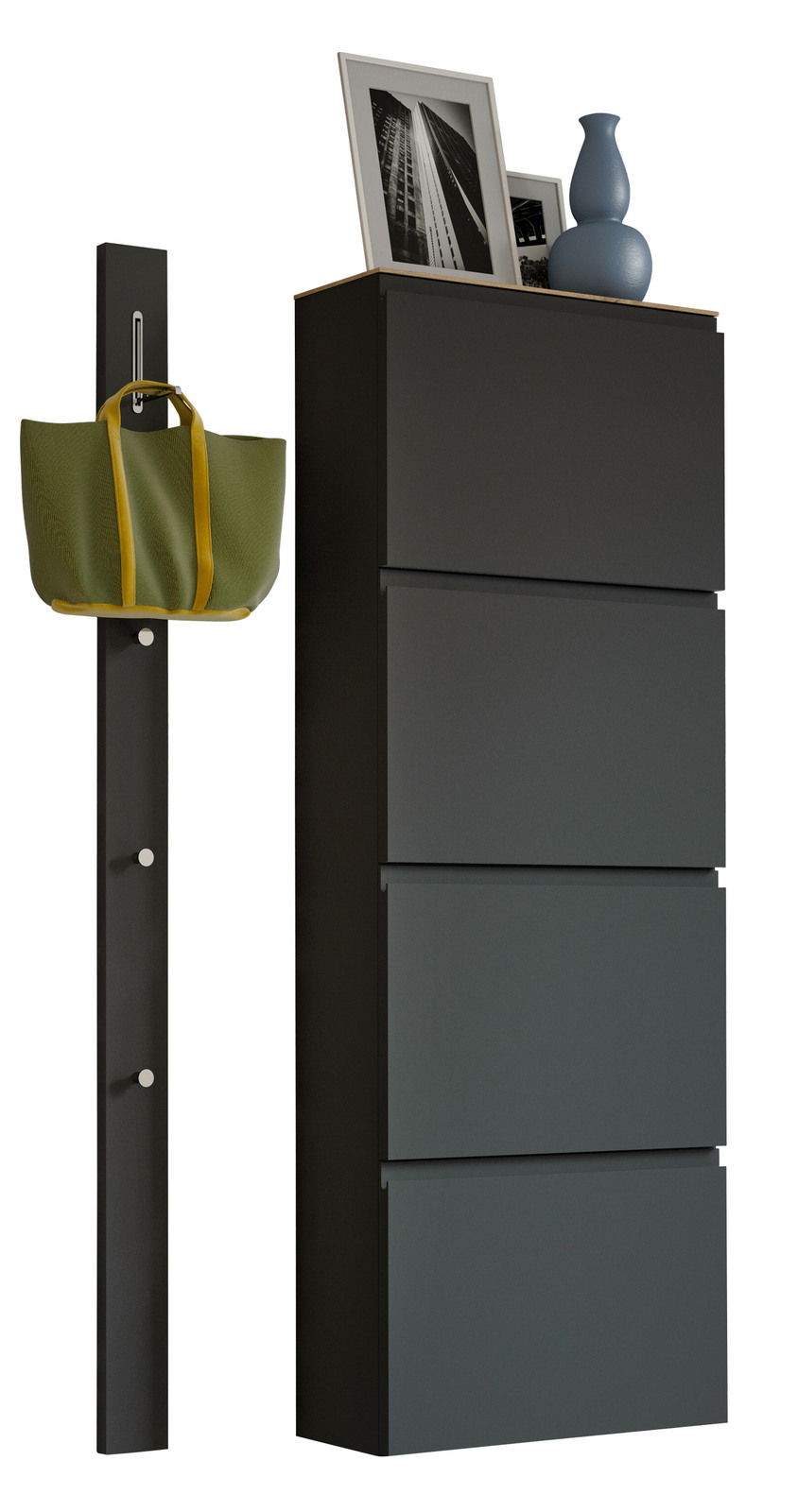 Moderano Garderoben-Set LECCO Modernes Garderobenset mit schwarzem Schrank und Hakenleiste, seitliche Perspektive