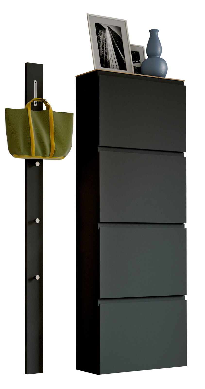 Moderano Garderoben-Set LECCO Modernes Garderobenset mit schwarzem Schrank und Hakenleiste, seitliche Perspektive