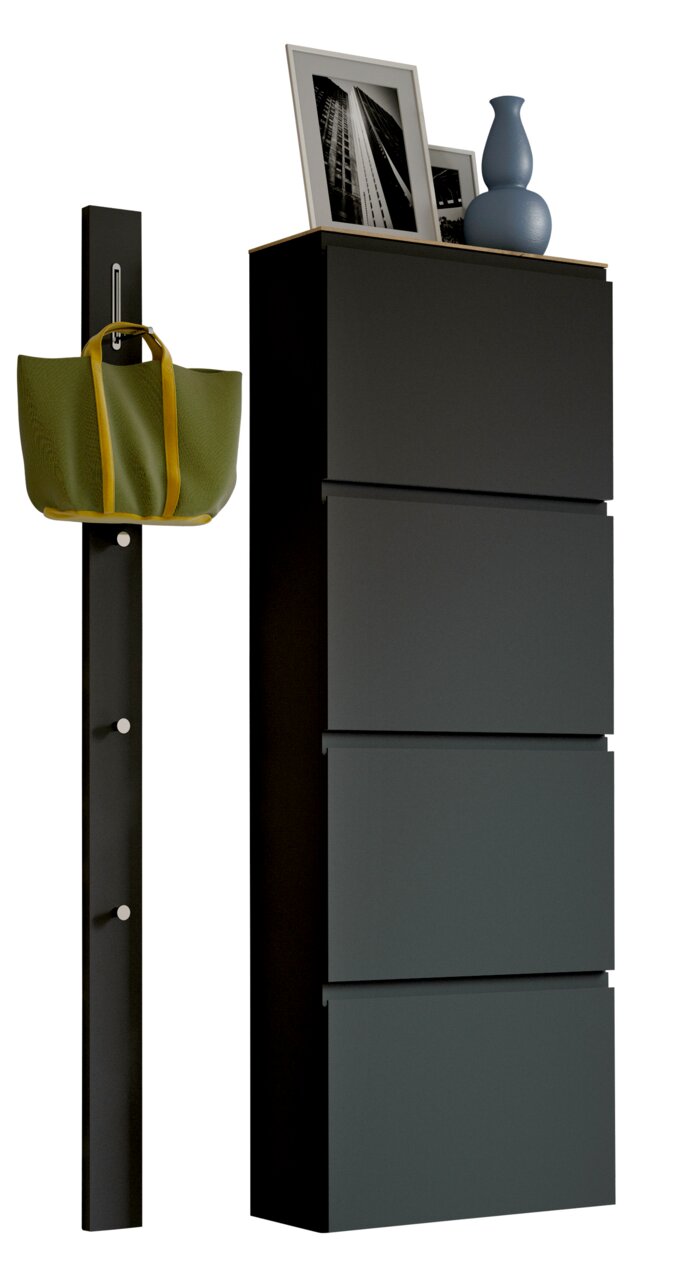 Moderano Garderoben-Set LECCO Modernes Garderobenset mit schwarzem Schrank und Hakenleiste, seitliche Perspektive