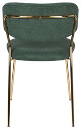 Rückansicht eines grünen Stuhls mit goldenen Metallbeinen und gepolsterter Rückenlehne.