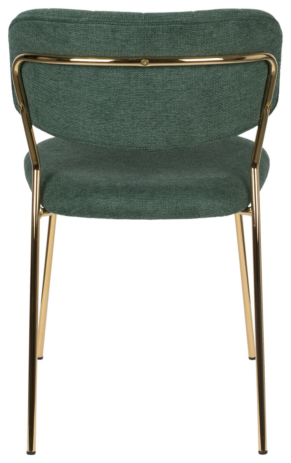 Rückansicht eines grünen Stuhls mit goldenen Metallbeinen und gepolsterter Rückenlehne.
