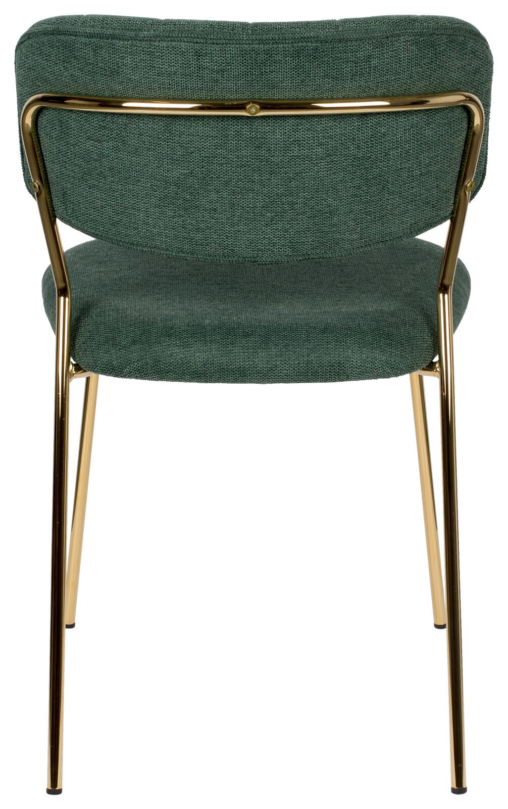 Rückansicht eines grünen Stuhls mit goldenen Metallbeinen und gepolsterter Rückenlehne.
