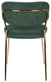 Rückansicht eines grünen Stuhls mit goldenen Metallbeinen und gepolsterter Rückenlehne.