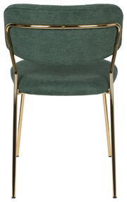 Rückansicht eines grünen Stuhls mit goldenen Metallbeinen und gepolsterter Rückenlehne.