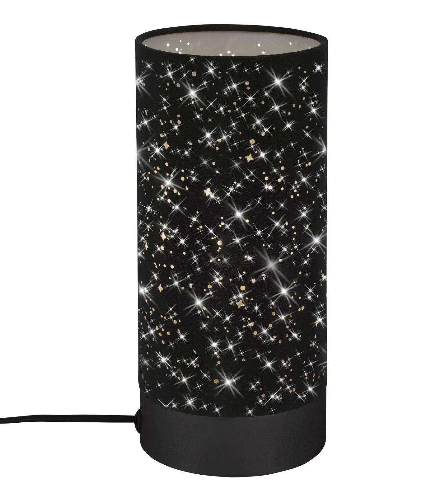 Zylindrische Tischleuchte mit schwarzem Schirm und funkelndem Sternenmuster, seitliche Perspektive
