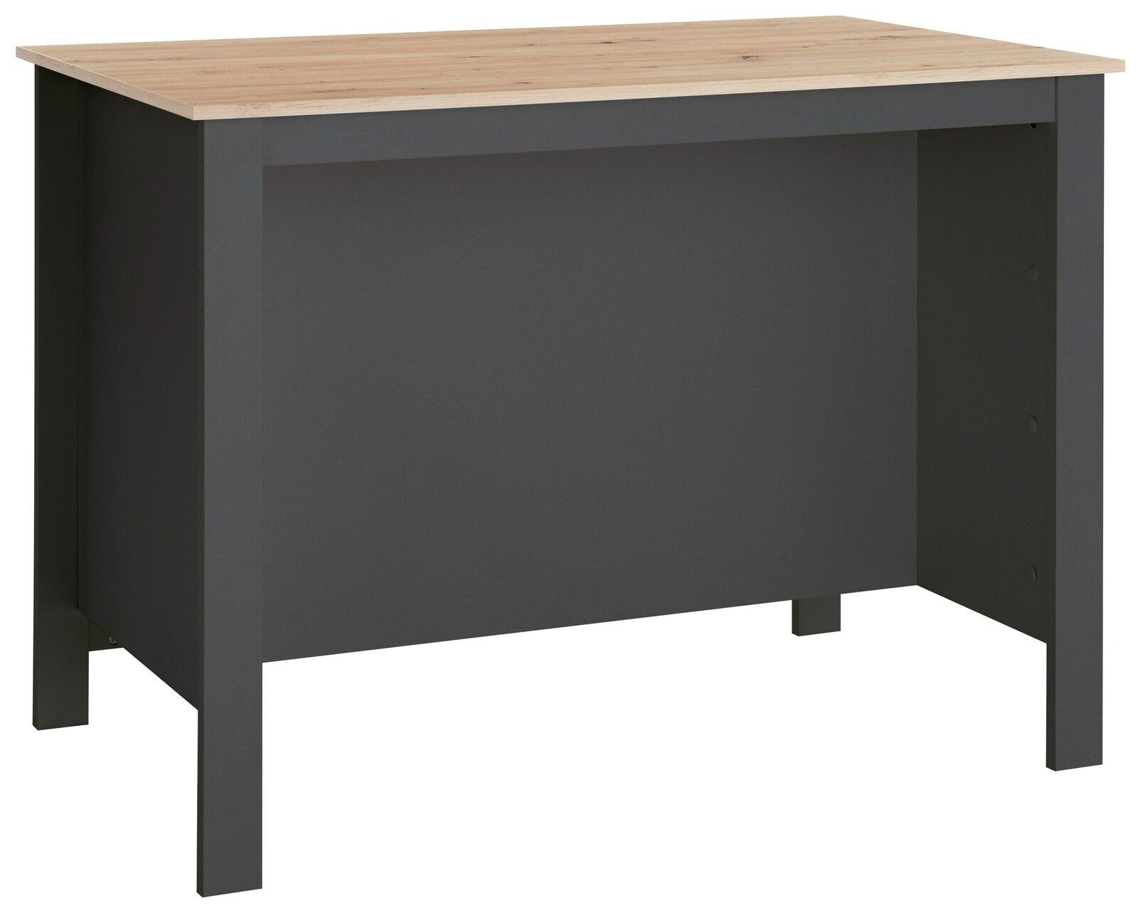 Kücheninsel mit dunklem Korpus und heller Holzplatte, seitliche Perspektive