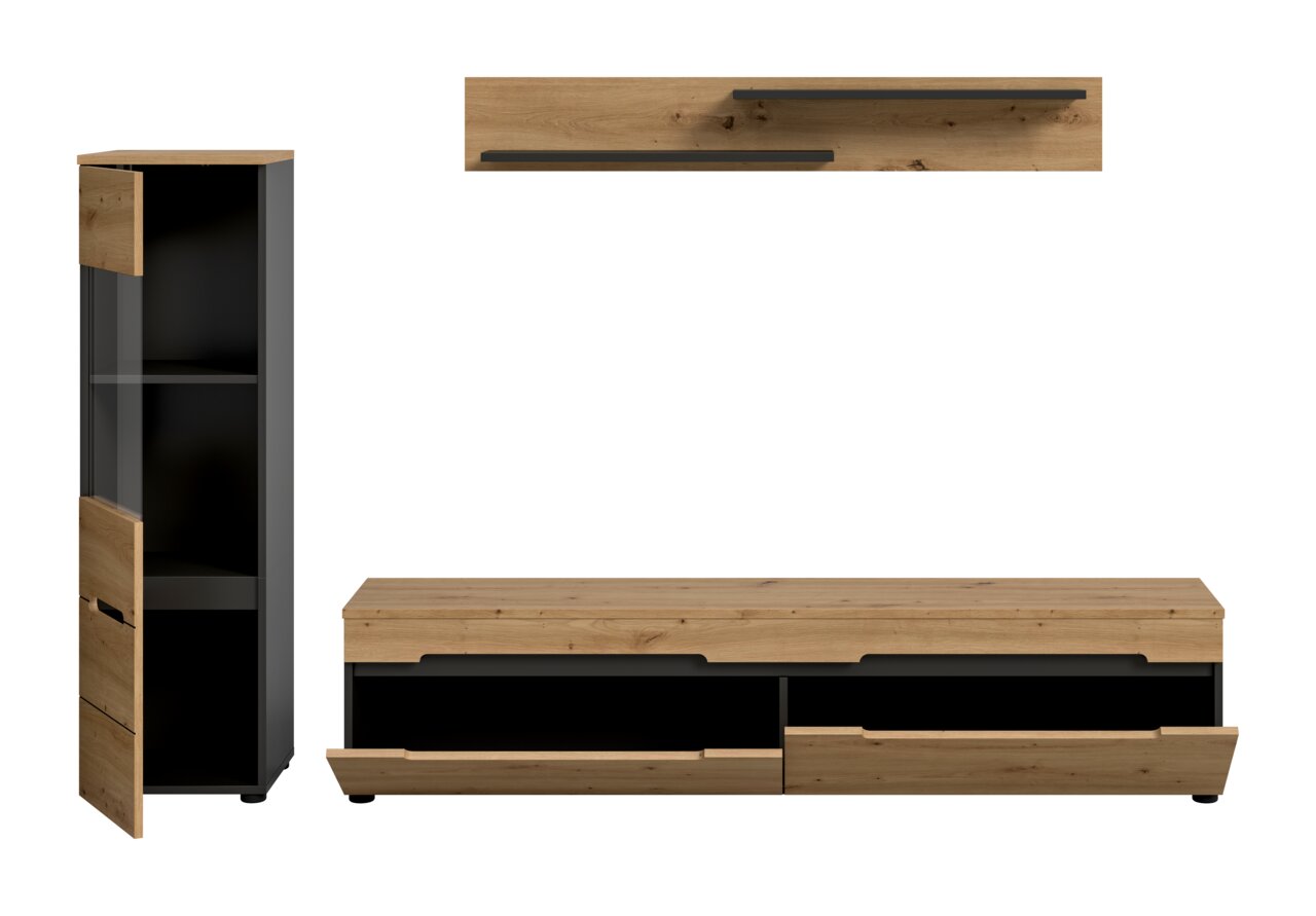 Modernes Wohnwand-Set in Eiche-Optik und Schwarz: hohe Vitrine mit Glastür und Holzfronten, Lowboard mit zwei Schubladen sowie Wandboard; Produktansicht frontal, das Wandboard zusätzlich in Draufsicht.