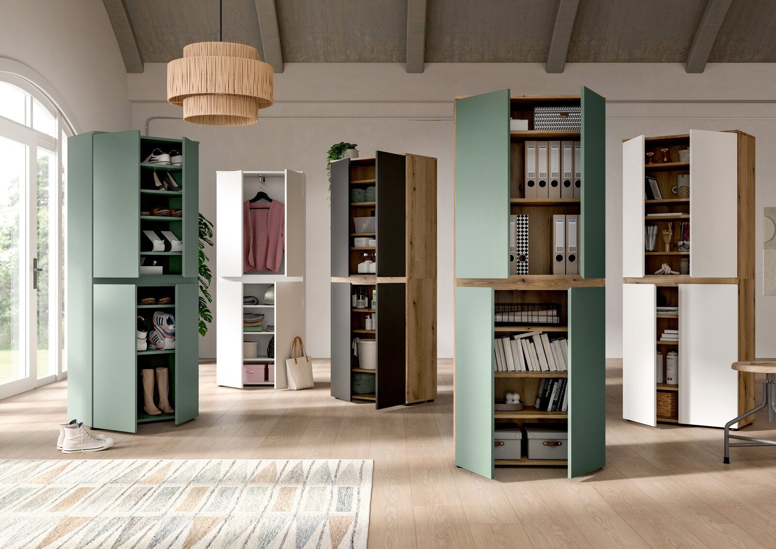 Moderne Schrank- und Regalkombinationen in Mintgrün, Weiß und Holzoptik mit geöffneten Türen und sichtbaren Fächern für Schuhe, Kleidung, Ordner und Bücher in hellem Wohnraum, Perspektive: frontale Weitwinkel-Ansicht auf mehrere Schränke