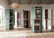 Moderne Schrank- und Regalkombinationen in Mintgrün, Weiß und Holzoptik mit geöffneten Türen und sichtbaren Fächern für Schuhe, Kleidung, Ordner und Bücher in hellem Wohnraum, Perspektive: frontale Weitwinkel-Ansicht auf mehrere Schränke