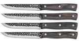 Vier Steakmesser mit gehämmerten Klingen und Holzgriffen, seitliche Ansicht