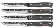 Vier Steakmesser mit gehämmerten Klingen und Holzgriffen, seitliche Ansicht