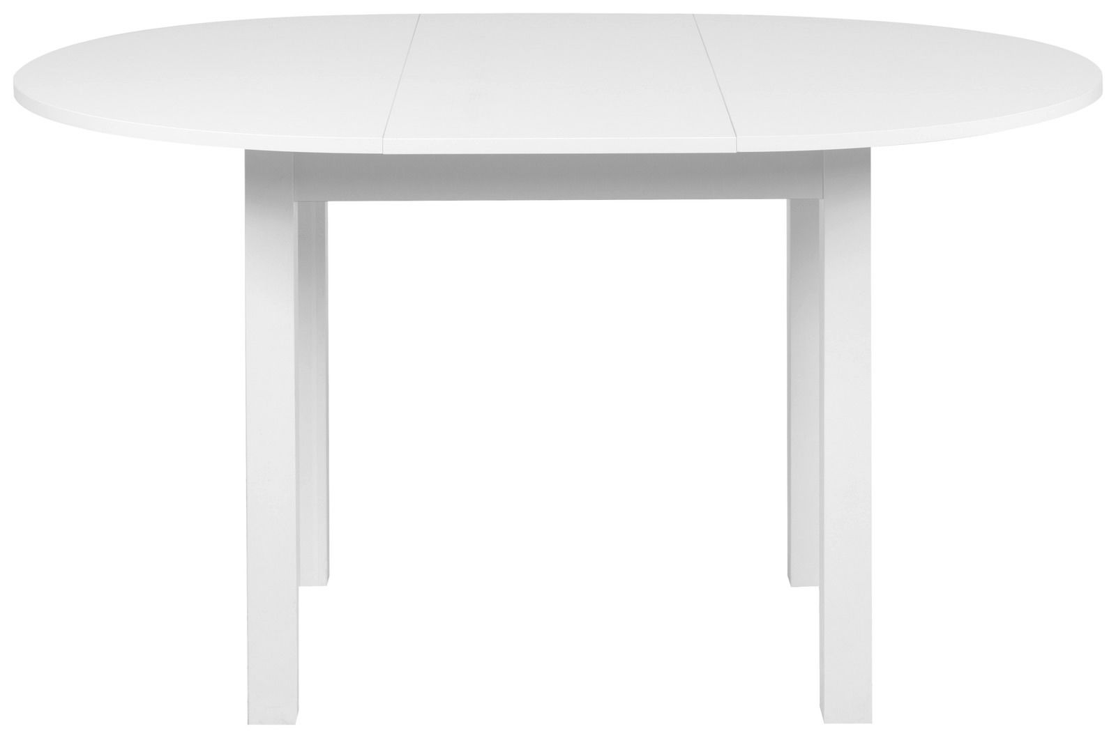 Weißer, runder Esstisch aus Holz, frontal fotografiert.