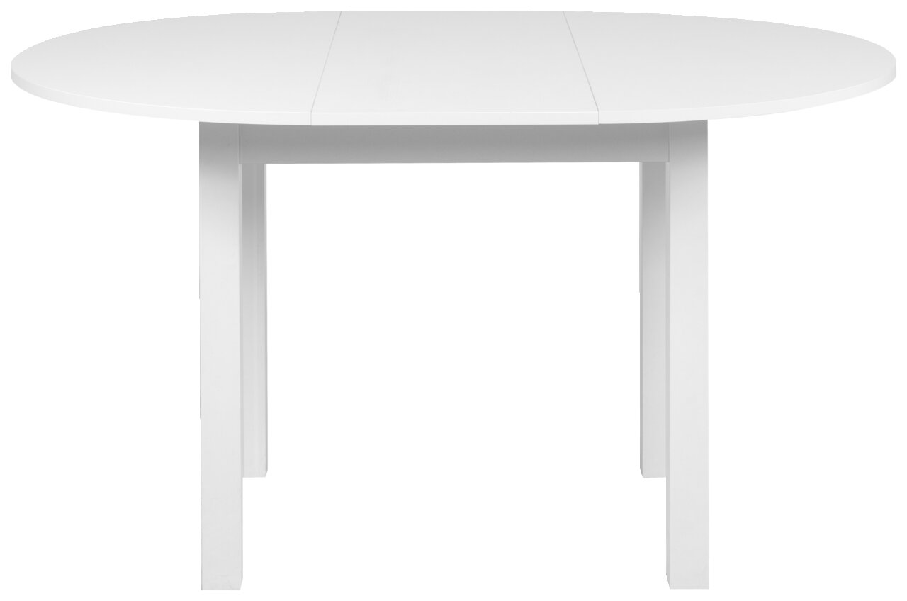 Witte, ronde houten eettafel, van voren gefotografeerd.