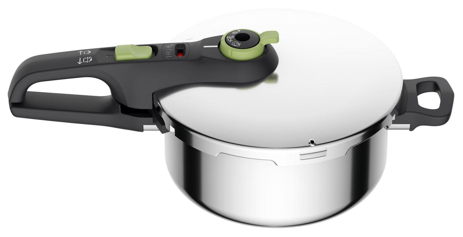Schnellkochtopf 4L aus Edelstahl mit schwarzem Griff und grünem Ventil, seitliche Perspektive
