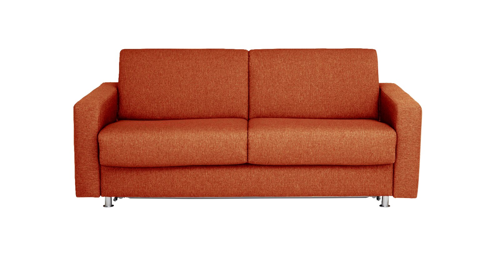 Modernes Zweisitzer-Sofa mit orangefarbenem Stoffbezug, breiten Armlehnen und Metallfüßen in frontaler Ansicht