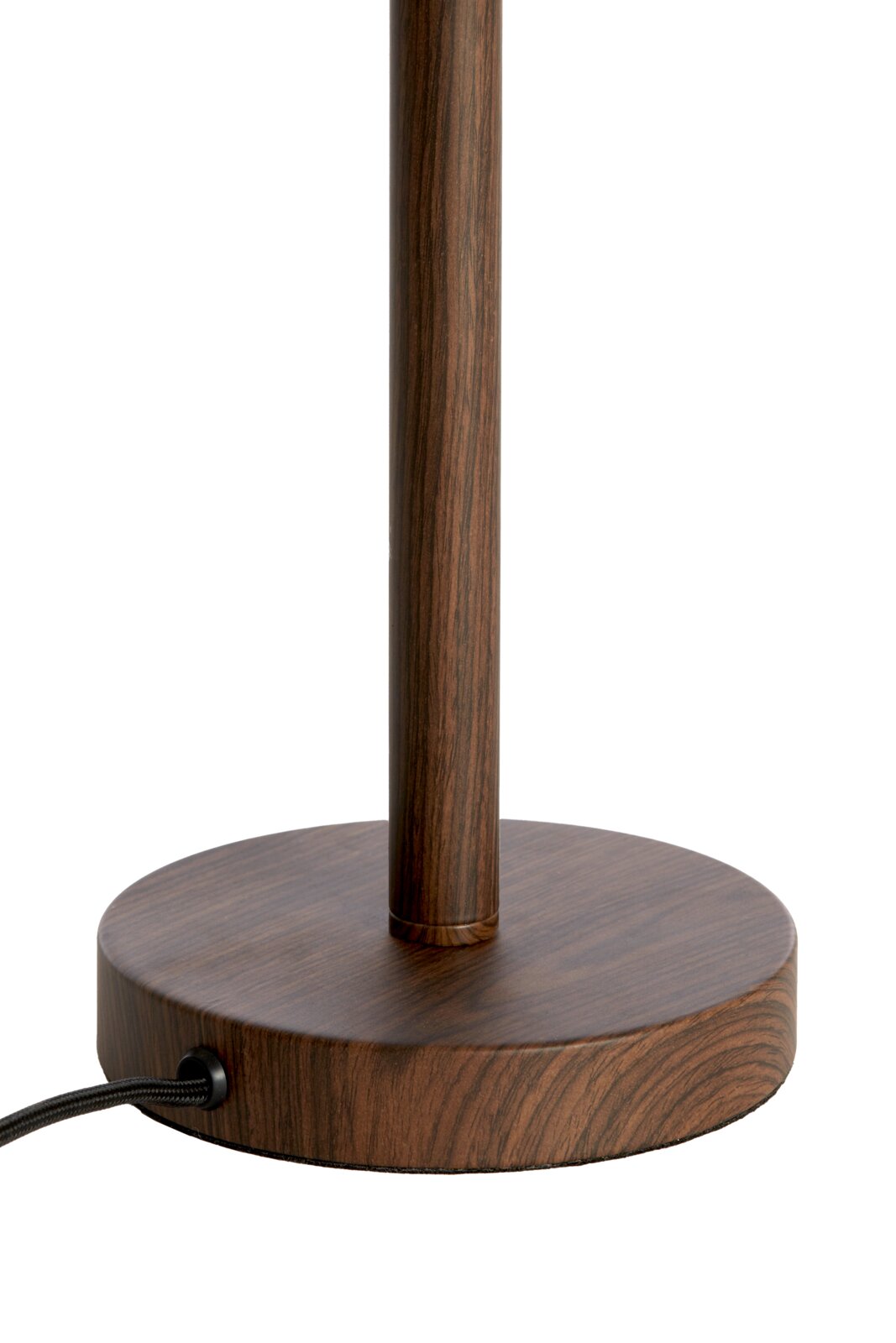 Close-up van een ronde houten lampvoet met kabelaansluiting, gezien vanaf de zijkant.