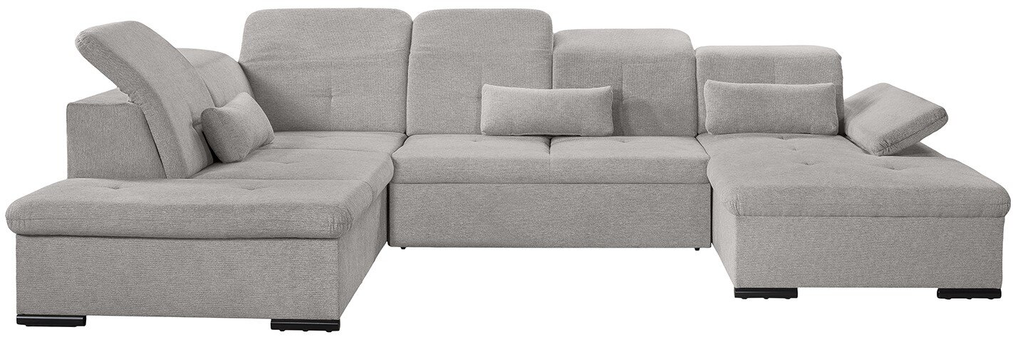 Graues Ecksofa mit verstellbaren Kopfstützen und Kissen, Vorderansicht