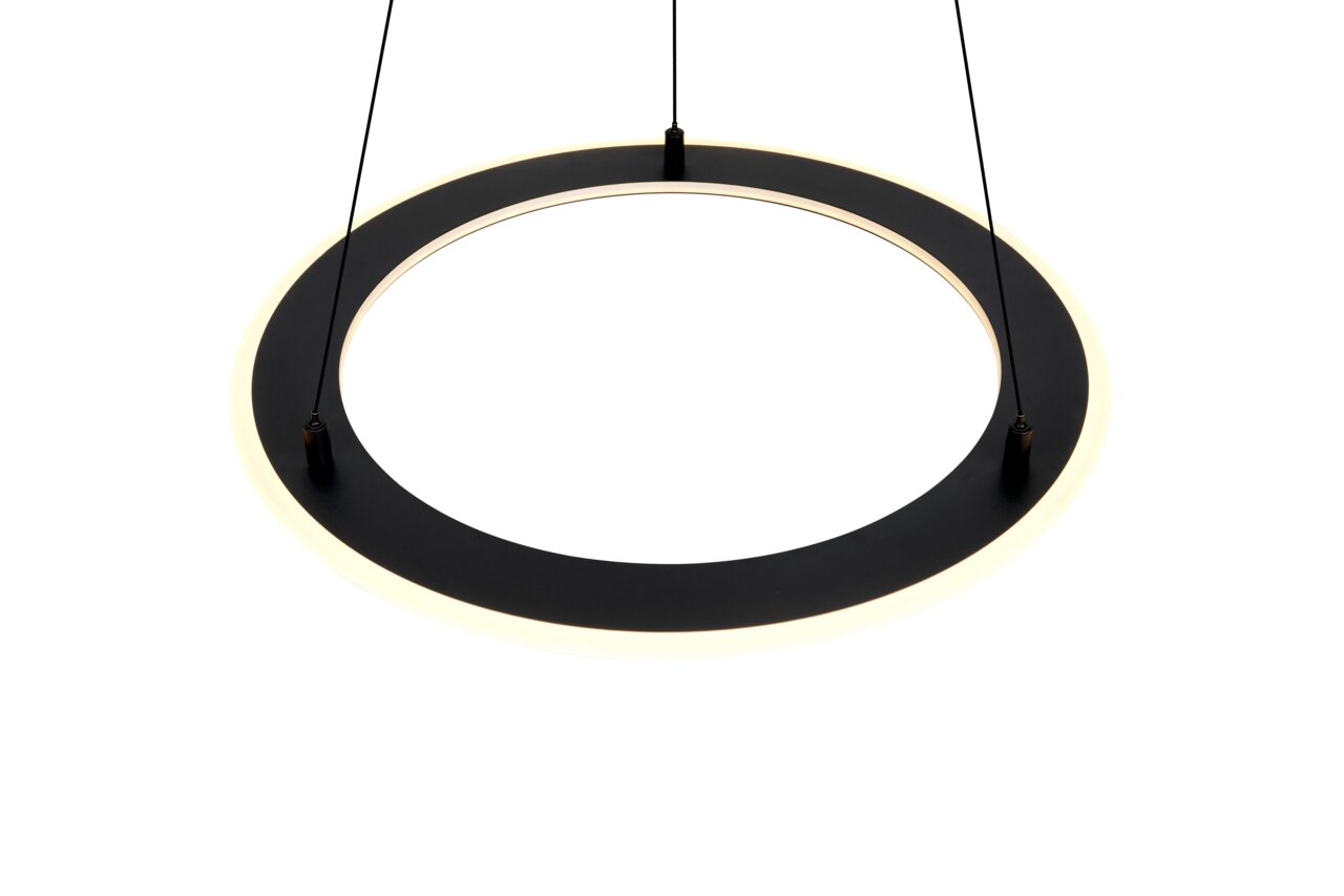 Moderne schwarze Pendelleuchte in Ringform, von unten betrachtet