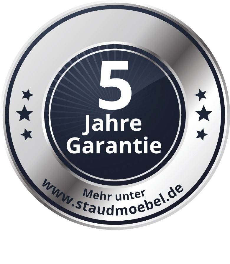 5 Jahre Garantie Siegel von Staudmöbel, silbernes Emblem mit Sternen und Webadresse, frontal betrachtet