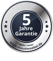 5 Jahre Garantie Siegel von Staudmöbel, silbernes Emblem mit Sternen und Webadresse, frontal betrachtet