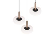 Drei moderne Pendelleuchten aus der Vogelperspektive, mit weißen, runden Schirmen und bronzefarbenen Halterungen.