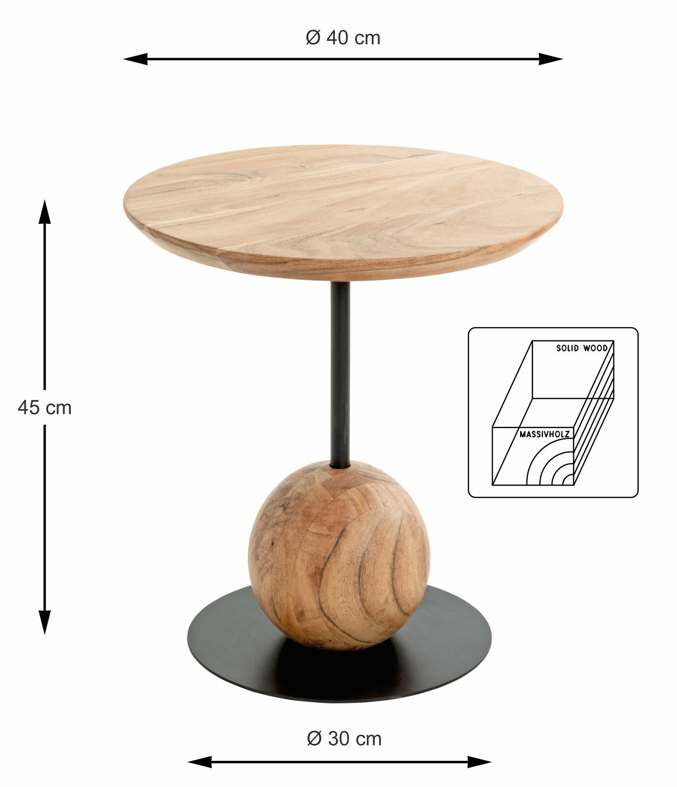 Moderner Beistelltisch aus Massivholz mit rundem Tischblatt, Metallstange und kugelförmigem Holzdetail, seitliche Perspektive.