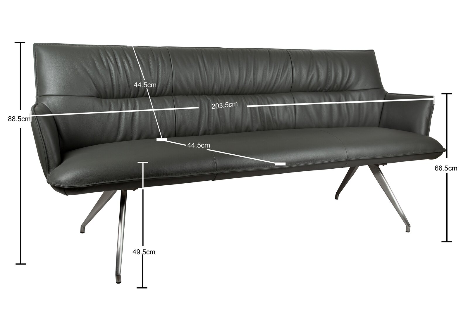 Schwarzes 3-Sitzer-Sofa mit gepolsterter Rückenlehne und Metallfüßen, mit Maßangaben (u. a. Breite 203,5 cm, Höhe 88,5 cm, Sitzhöhe 49,5 cm), in schräger Frontansicht von links.