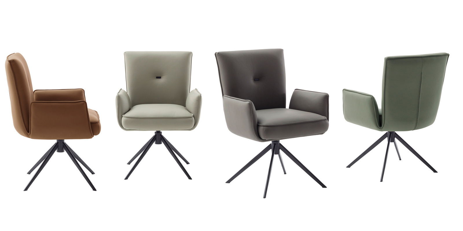 Zurbrüggen Sessel MINATY Vier moderne Sessel in verschiedenen Farben mit drehbarem Metallfuß, aus seitlicher und frontaler Perspektive.