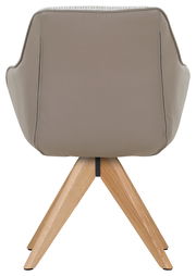 Rückansicht eines modernen Armlehnstuhls mit beigem Polster und Holzbeinen.