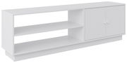 Weißes TV-Lowboard mit zwei offenen Regalfächern und zwei Türen, seitliche Perspektive