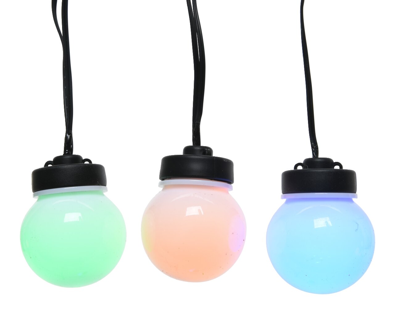 Drei bunte Outdoor-Lichterketten mit runden Leuchtkugeln in Grün, Orange und Blau, von vorne betrachtet.
