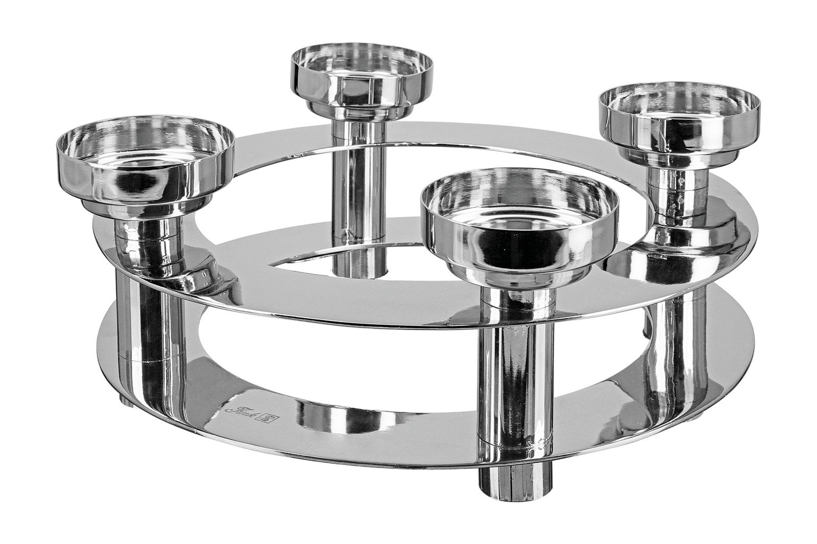 Moderner, silberner 4-flammiger Leuchter aus Metall, seitliche Perspektive